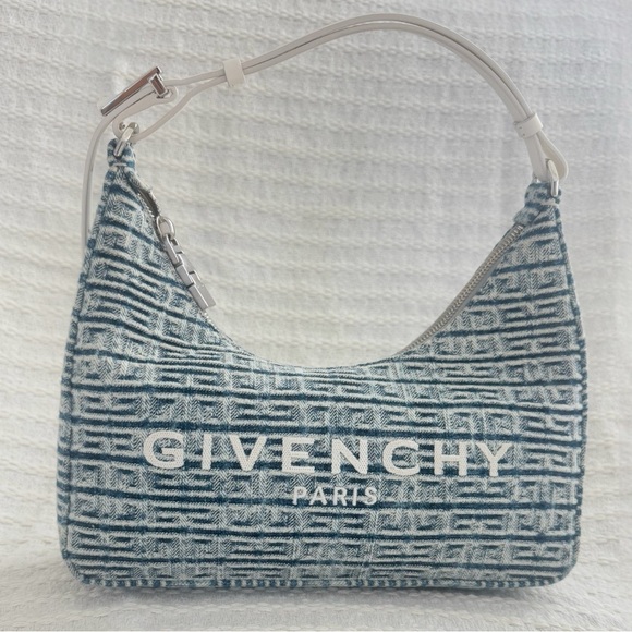 Givenchy 4G Logo Small Moon Cut Out Hobo Tote Handbag Denim Blue Shoulder Purse - Picture 4 of 17